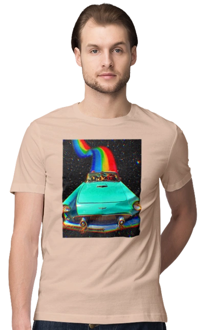 Футболка мужская с принтом Картина, машина в космосе. Картина, космос, машина, поездка, прикол, путешествия, радуга, ретро. 2070702