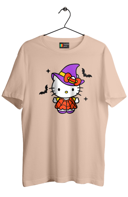 Футболка мужская с принтом Хелло Китти Хэллоуин. Halloween, hello kitty, witch, бренд, ведьма, кот, котенок, персонаж, хелло китти, хэллоуин. 2070702