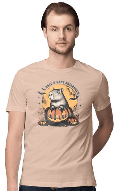 Men's t-shirt with prints Capybara Halloween. Animal, capybara, halloween, holiday, moon, pumpkin, rodent. 2070702