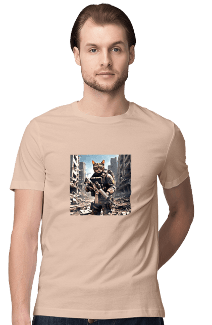 Футболка чоловіча з принтом "Кіт десантник". Бронежилет, війна, військовий, гвинтівка, захисник, камуфляж, кіт, рушниця. 2070702