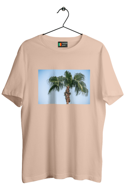 Футболка чоловіча з принтом "Пальма на тлі неба". Берег, блакитне, відпочинок, відпустку, єгипет, зелений, зелені, лист, листя, море, небо, оазис, океан, острів, пальма, південь, подорож, пригоди, тропіки, туреччина. 2070702