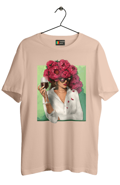 Футболка чоловіча з принтом "Дівчина з півоніями та келихом". Вино, дівчина, квітка, келих, літо, окуляри, півонії, сорочка. 2070702