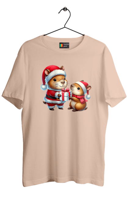 Men's t-shirt with prints Christmas Capybara with a Gift. Animal, capybara, christmas, christmas capybara, gift, holiday, new year, new year`s gift, santa. 2070702