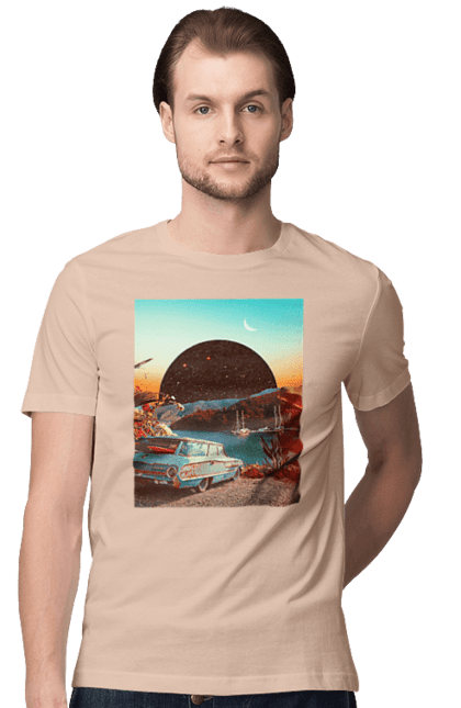 Футболка мужская с принтом Картина, машина у речки. Картина, машина, планета, прикол, река, ретро. 2070702
