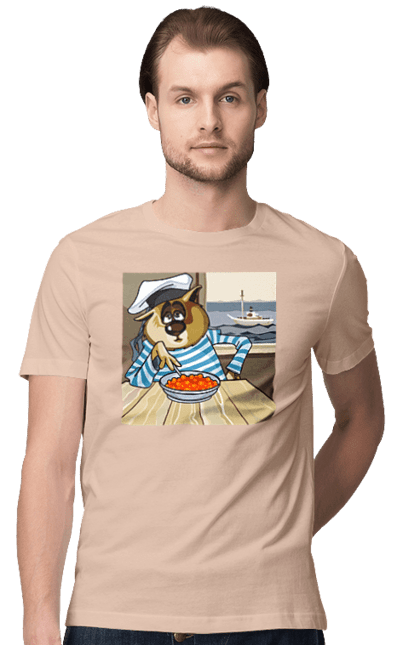 Men`s t-shirt with prints Cat Sailor, On The Ship Eats Red Caviar. Cat, caviar, sailor, ship. 2070702