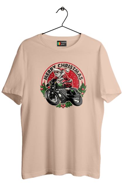 Футболка чоловіча з принтом "Щасливого Різдва, дід мороз на мотоциклі". 2022, дід мороз, зима, мотоцикл, новий рік, подарунки, різдво, санта, сніг. 2070702
