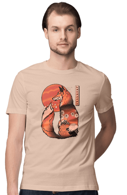 Men's t-shirt with prints Kitsune. Animal, cherry blossoms, flowers, fox, great wave, japan, japanese, kitsune, mount fuji, red fox. 2070702