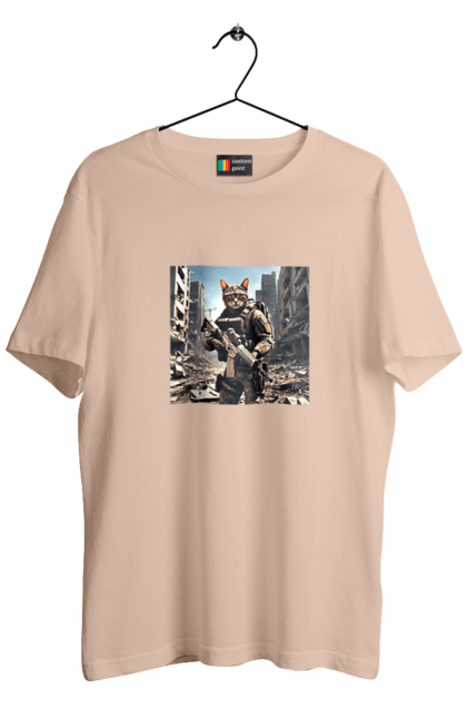 Футболка чоловіча з принтом "Кіт десантник". Бронежилет, війна, військовий, гвинтівка, захисник, камуфляж, кіт, рушниця. 2070702