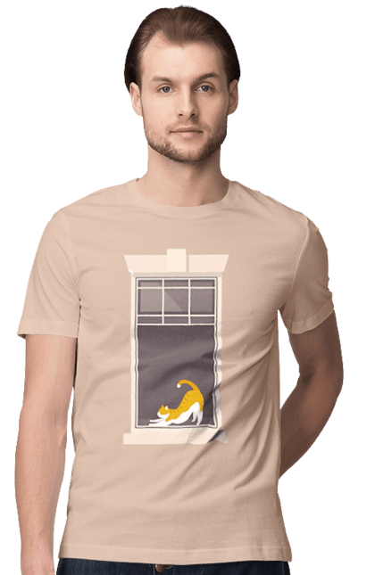 Футболка чоловіча з принтом "Кіт В Вікні". Вікно, кіт, потягушки, рудий. 2070702