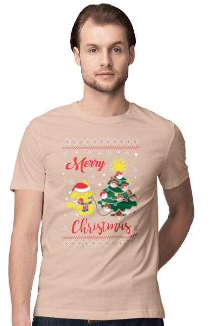 Men`s t-shirt with prints Pikachu Merry Christmas. Anime, christmas, game, manga, merry christmas, nintendo, pikachu, pokemon. 2070702