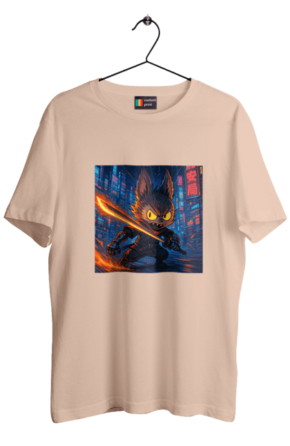 Футболка чоловіча з принтом "Лабубу". Аніместиль, дія, катана, кіберніндзя, кіберпанк, лабубу, меч, неонове місто, очі` що світяться. 2070702