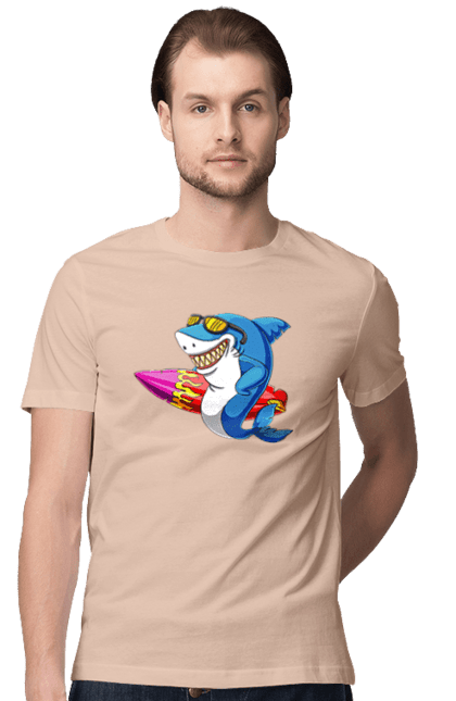 Футболка чоловіча з принтом "Акула В Окулярах З Серфінгом". Акула, літо, окуляри, серфінг. 2070702