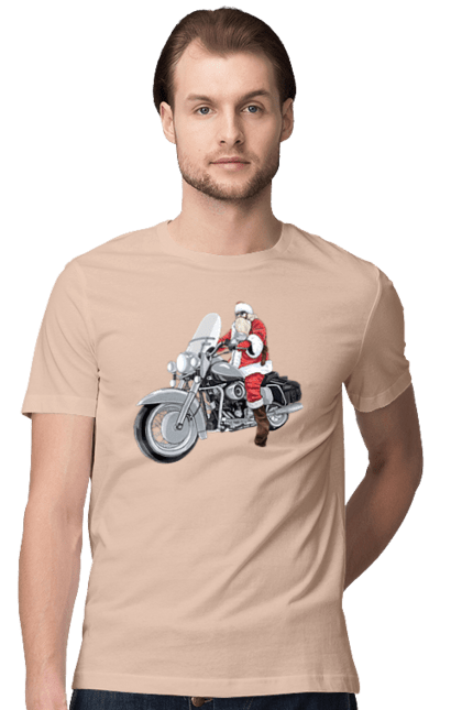 Футболка чоловіча з принтом "Санта На Мотоциклі". Мотоцикл, новий рік, санта, свято. 2070702