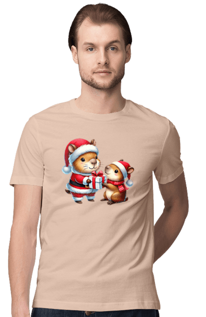 Men's t-shirt with prints Christmas Capybara with a Gift. Animal, capybara, christmas, christmas capybara, gift, holiday, new year, new year`s gift, santa. 2070702