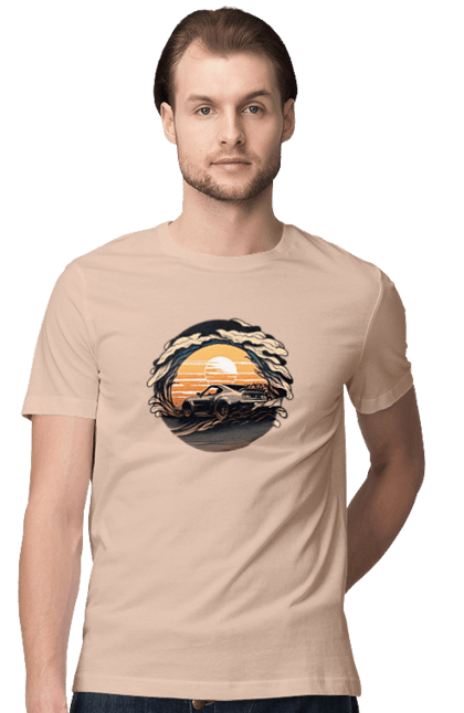 Футболка чоловіча з принтом "Додж на заході сонця". Авто, автомобіль, додж, машина, машини. 2070702