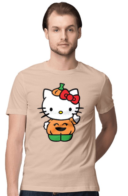 Футболка мужская с принтом Хелло Китти Хэллоуин. Halloween, hello kitty, бренд, котенок, персонаж, тыква, хелло китти, хэллоуин. 2070702