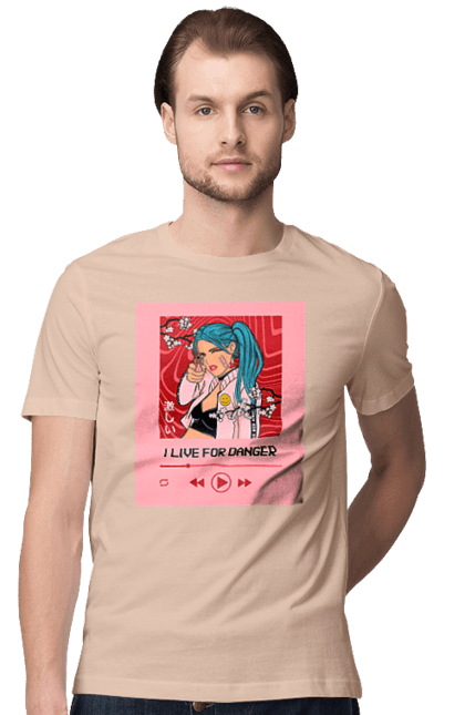 Футболка чоловіча з принтом "I Live For Danger". Аніме, музика, пістолет, програвач. 2070702