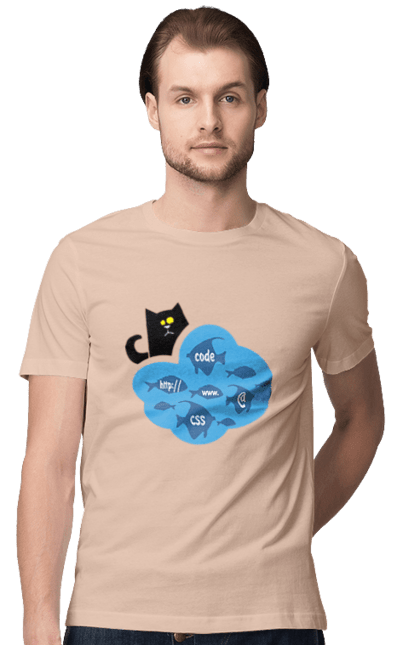 Футболка чоловіча з принтом "Кіт програміст". Angular, c, css, html, it, javascript, jquery, php, python, react, svelt, vue, айтишник, айті, гумор, код, кодувати, прогер, програміст, програмісти, ти ж, ти ж програміст, тиж програміст. 2070702