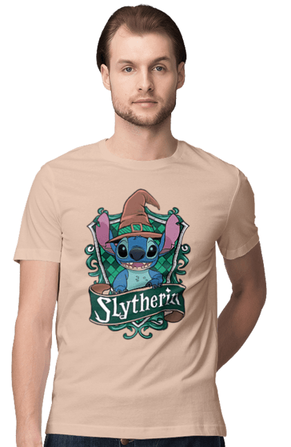 Men's t-shirt with prints Stich Slytherin. Faculty, franchise, harry potter, hogwarts, slytherin, stich. 2070702