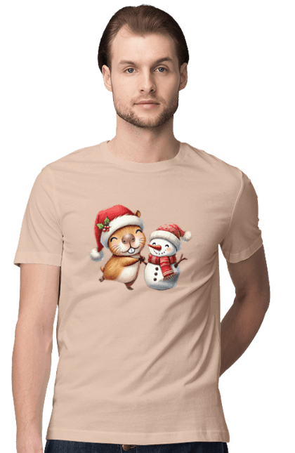 Men's t-shirt with prints Capybara and Snowman. Animal, capybara, christmas, christmas capybara, gift, holiday, new year, new year`s gift, santa, snowman. 2070702