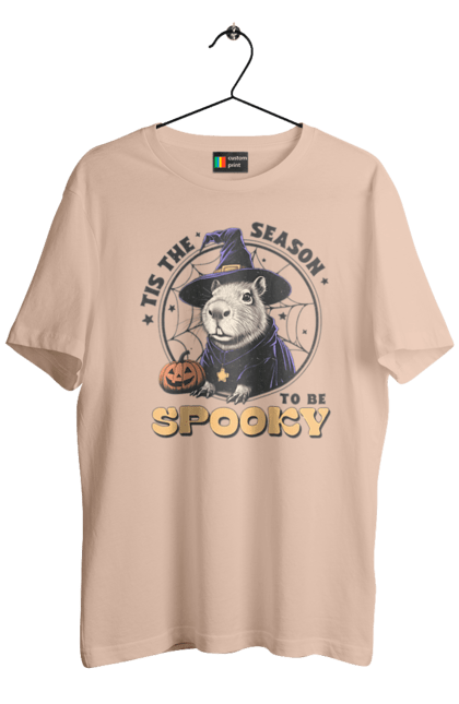 Men's t-shirt with prints Capybara Halloween. Animal, capybara, ghost, halloween, holiday, moon, pumpkin, rodent, witch. 2070702