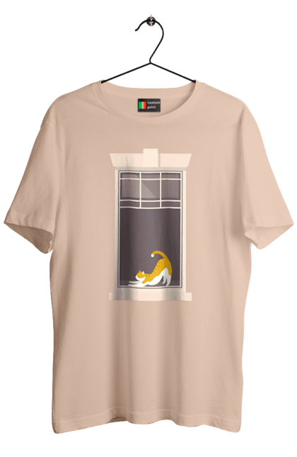 Футболка чоловіча з принтом "Кіт В Вікні". Вікно, кіт, потягушки, рудий. 2070702