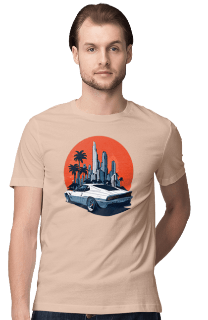 Футболка чоловіча з принтом "Авто". Гонка, захід сонця, спортивний автомобіль, швидкість. 2070702