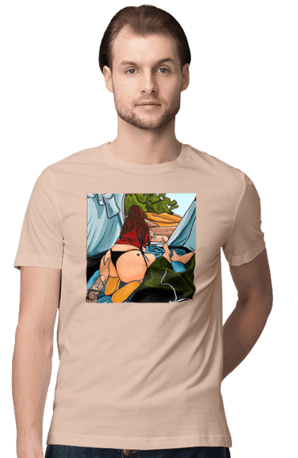 Футболка чоловіча з принтом "Відпочинок З Улюбленою У Палатці". Відпочинок, жопа, палатка, собака. 2070702