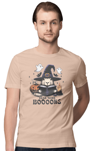 Men's t-shirt with prints Capybara Halloween. Animal, capybara, ghost, halloween, holiday, moon, pumpkin, rodent, witch. 2070702