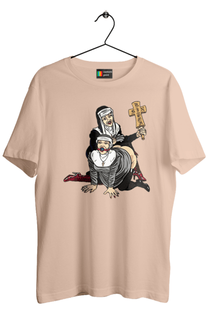 Футболка чоловіча з принтом "Монашки БДСМ". Бдсм, крута, модна, молодіжна, плескає по дупі, рок, рольові ігри, черниці бдсм, черницю, черниця. 2070702