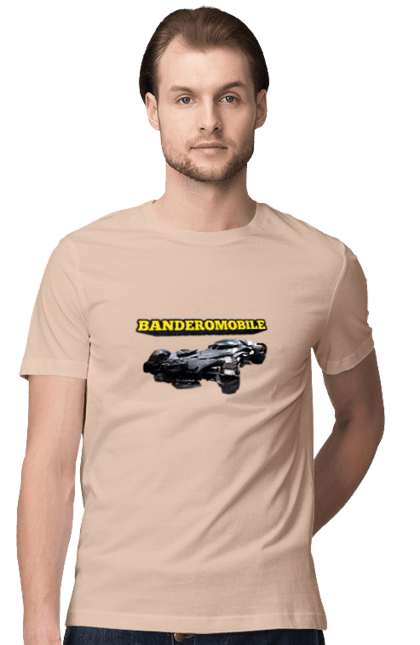 Футболка чоловіча з принтом "Бандеромобіль". Бандера, бандеромобіль, бетмобіль, військова техніка, зсу, супер автомобіль. 2070702