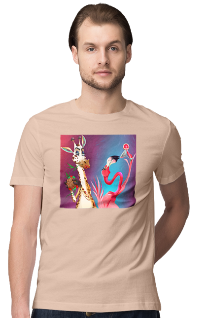 Men`s t-shirt with prints Giraffe And Flamingo At The Party. Cocktail, flamingo, food, giraffe. 2070702
