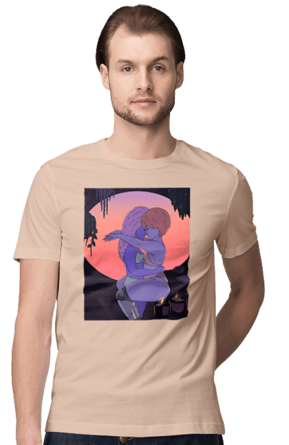 Men`s t-shirt with prints Purple Girls Hugging. Hug, sunset. 2070702