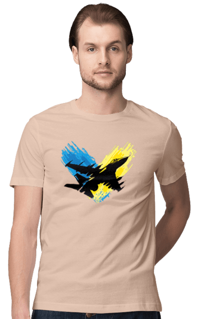 Футболка чоловіча з принтом "Літак F 16". З прапором, зсу, літак, літак f16, патріотична, прапор, ф16. 2070702