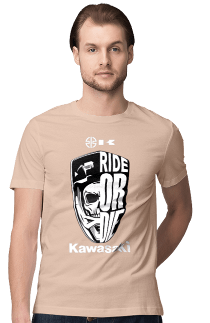 Футболка мужская с принтом Kawasaki. Kawasaki, ride or die, бренд, мотоцикл, спорт, череп. 2070702