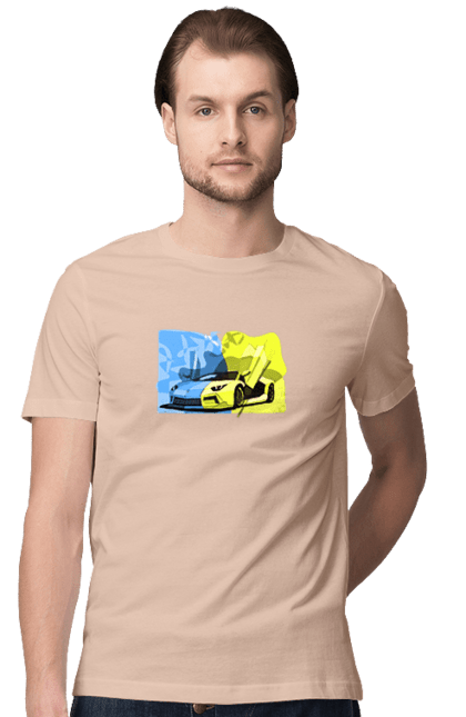Men`s t-shirt with prints Ukrainian Lamborghini. Flag, lamborghini, machine, sports car, ukraine, yellow blue. 2070702