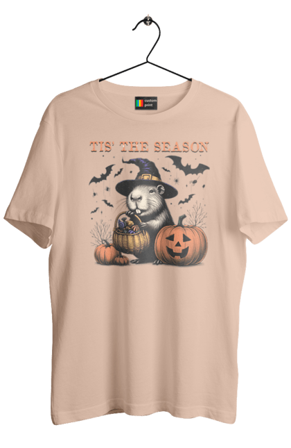 Men's t-shirt with prints Capybara Halloween. Animal, capybara, ghost, halloween, holiday, moon, pumpkin, rodent, witch. 2070702