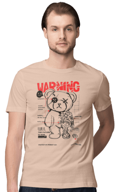 Men's t-shirt with prints Robot bear. Attention, bear, details, robot, toy, warning. 2070702