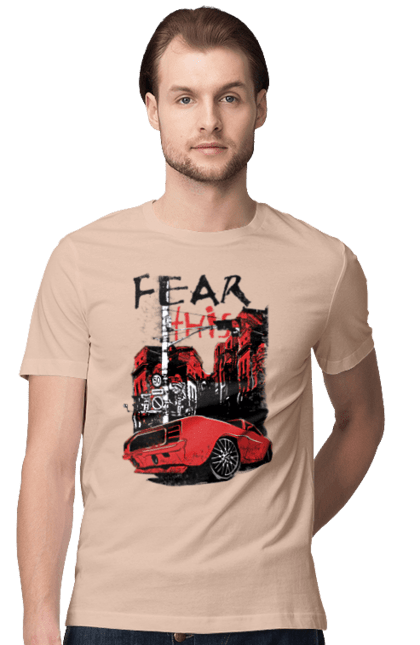 Men`s t-shirt with prints Red Car In The City. Riding, town. 2070702