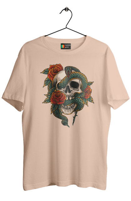 Men's t-shirt with prints Skull with a snake. Bones, flowers, roses, scales, scull, snake, spikes, teeth. 2070702