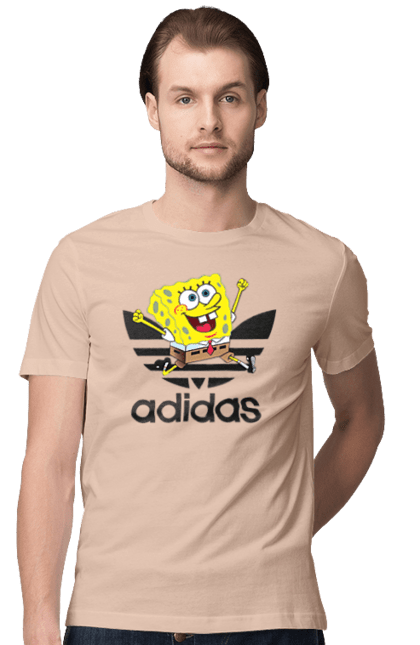 Футболка мужская с принтом Adidas Губка Боб. Adidas, spongebob, адидас, баскетбол, губка боб, мультик, мультсериал, мяч, спанч боб, спорт. 2070702