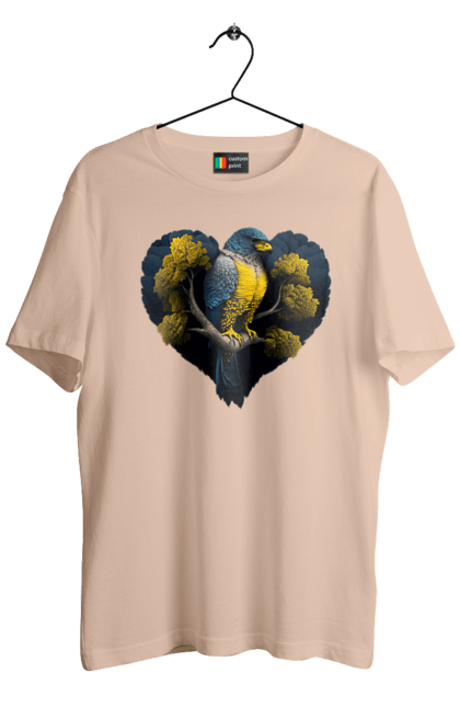 Men`s t-shirt with prints Blue and yellow falcon. Falcon, flag of ukraine, heart, symbol of ukraine, tree, ukraine. 2070702