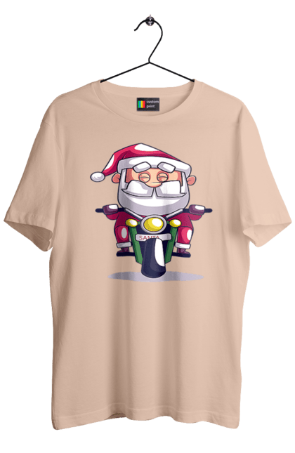 Футболка чоловіча з принтом "Щасливий Санта на мотоциклі". 2022, дід мороз, зима, мотоцикл, новий рік, різдво, санта, сніг. 2070702