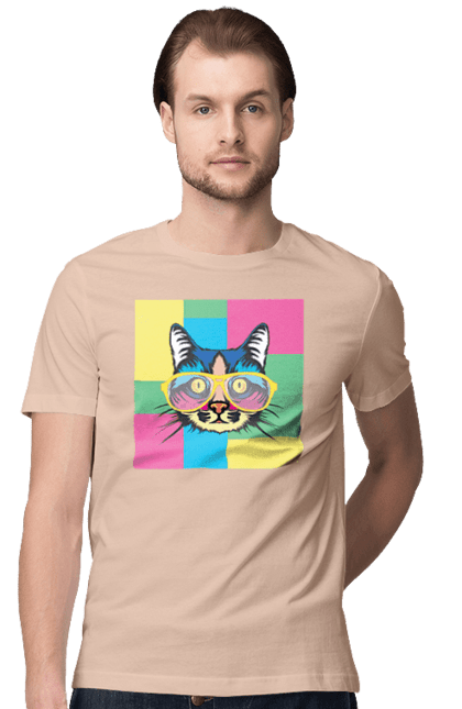 Men's t-shirt with prints Cat with glasses. Animal, art, bright, cat, cat, glasses, mustache, picture, wool. 2070702