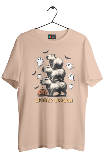 Men's t-shirt with prints Capybara Halloween. Animal, capybara, ghost, halloween, holiday, moon, pumpkin, rodent. 2070702