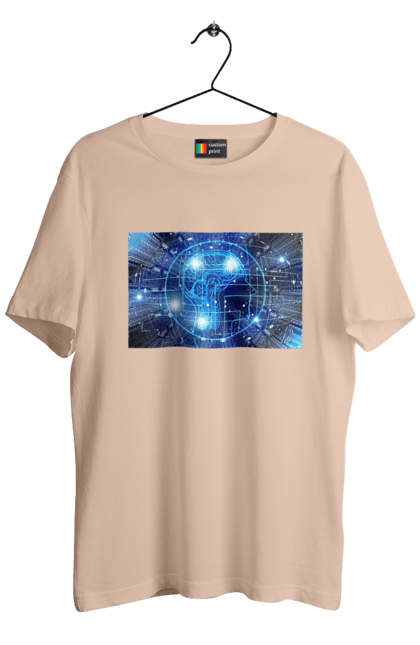Футболка чоловіча з принтом "Штучний інтелект". Айті, айтішник, гік, знання, інженер, інтелект, кібер, кібернетика, кіборг, код, комп, комп`ютерник, кристал, машинне навчання, мікросхема, мозок, портрет, програміст, професіонал, професія, розробник, розум, хакер, чіп, штучний інтелект, штучний розум. 2070702