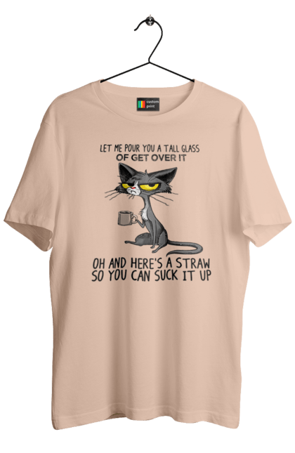 Men`s t-shirt with prints How to survive it?. Cat and mug, drink, everything is fine, go fuck yourself, large glass, meditation, pour, suck. 2070702