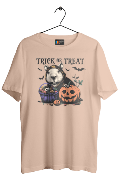 Men's t-shirt with prints Capybara Halloween. Animal, capybara, halloween, holiday, moon, pumpkin, rodent. 2070702