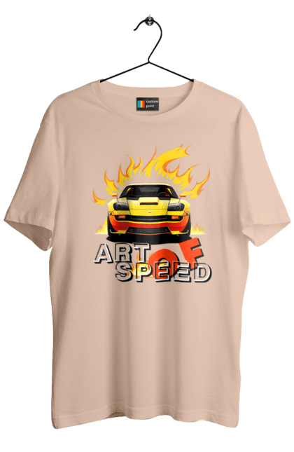 Футболка чоловіча з принтом "Машина у вогні". Автомобіль, вогонь, спортивна машина, спортивний автомобіль, швидкість. 2070702