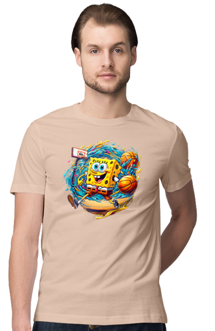 Футболка мужская с принтом Губка Боб. Spongebob, баскетбол, губка боб, мультик, мультсериал, мяч, спанч боб, спорт. 2070702